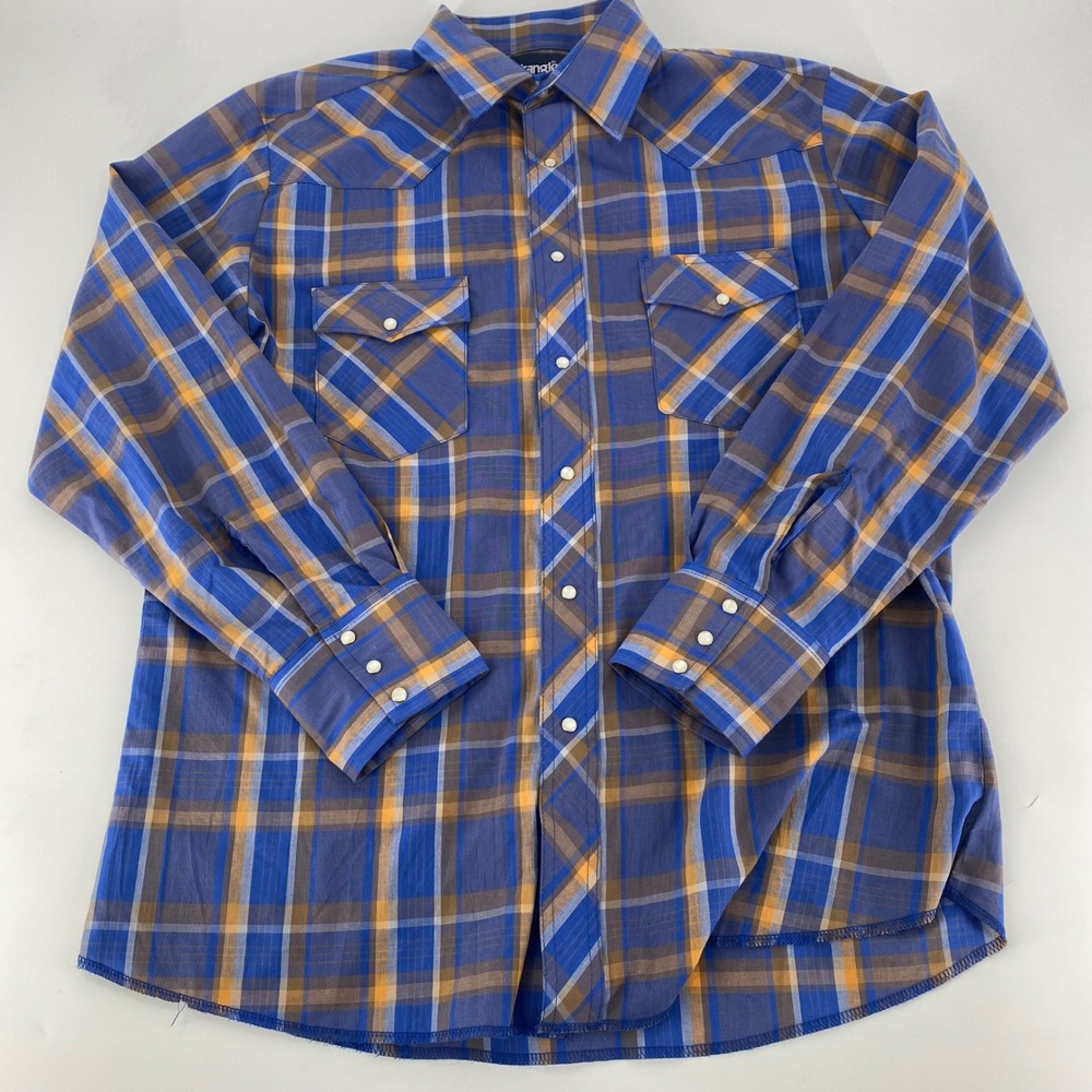 Wrangler‎ Western Shirt Mens Blue Orange Plaid Pearl Snap Long Sleeve Cowboy